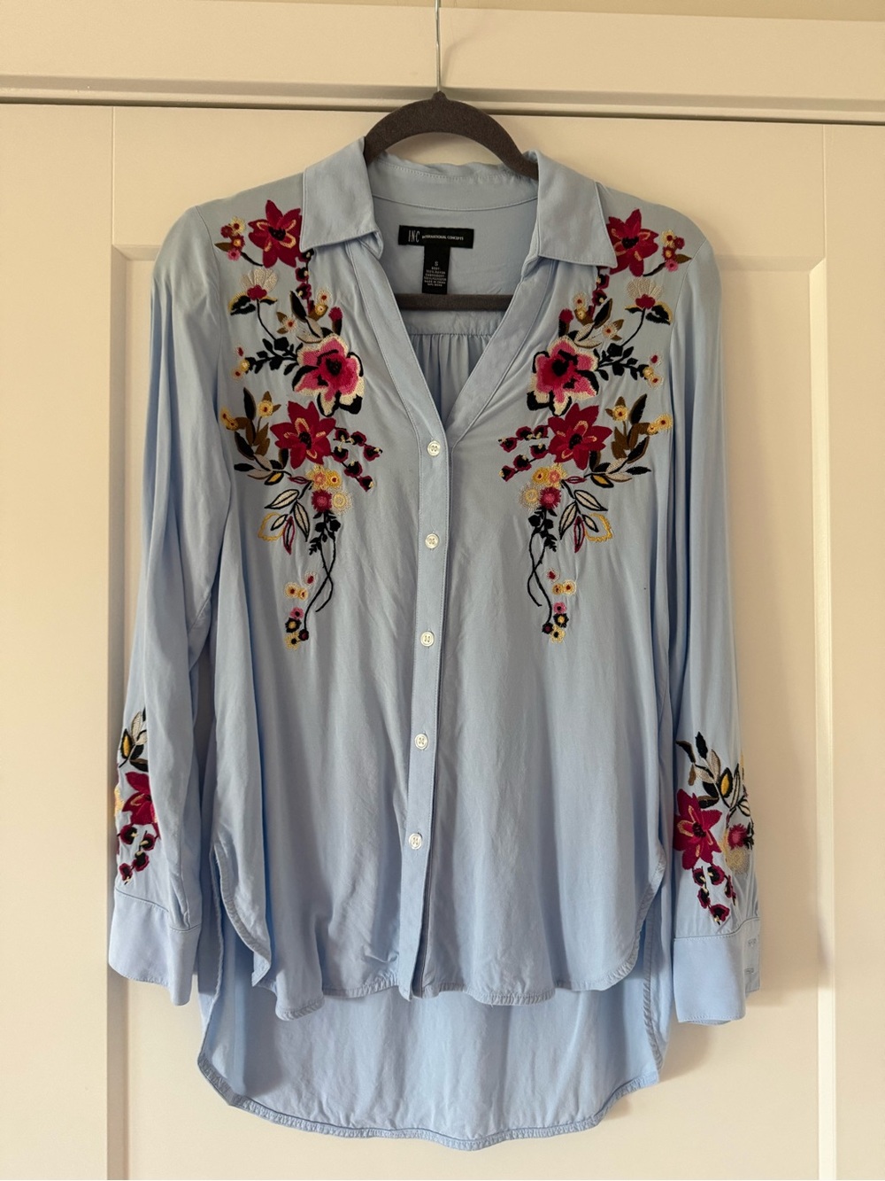 Embroidered Light Blue Button-Down Shirt - Women's Floral Top